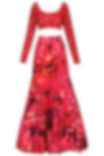 Rose Red Embroidered Blouse with Printed Lehenga Skirt by Chandni Sahi
