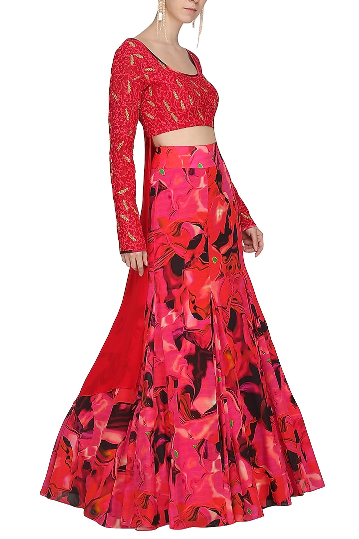 Rose red embroidered blouse with printed lehenga skirt available only at Pernia's Pop Up Shop.