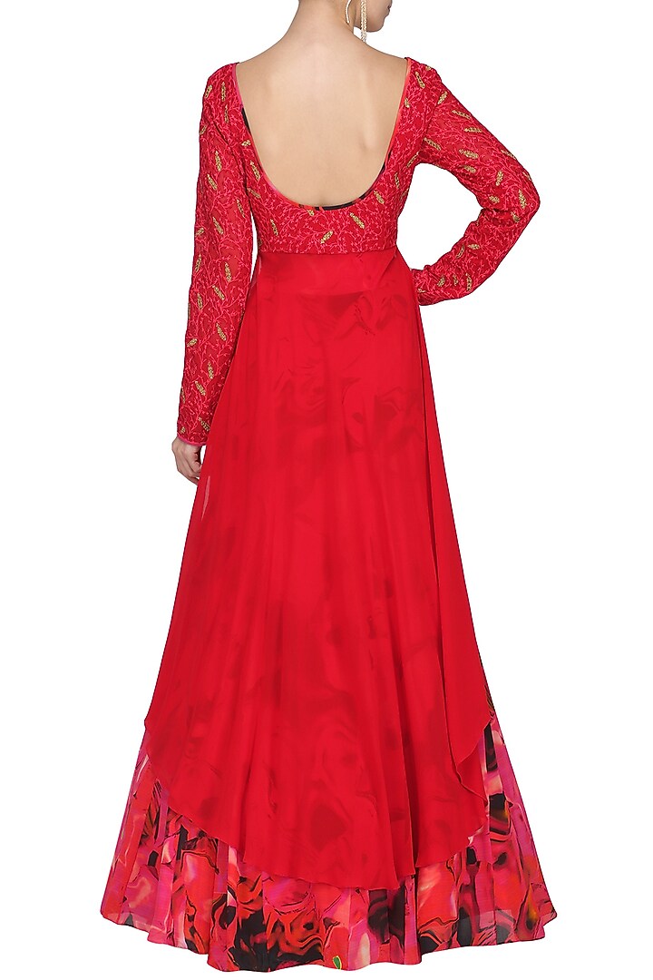 Rose red embroidered blouse with printed lehenga skirt available only at Pernia's Pop Up Shop.