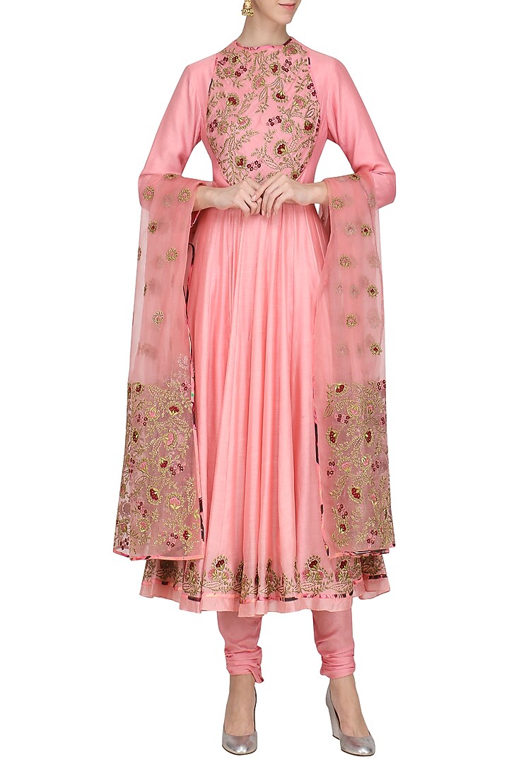 Pink embroidered and printed anarkali set available only at Pernia's Pop Up Shop.