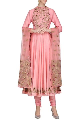Pink Embroidered and Printed Anarkali Set by Chandni Sahi