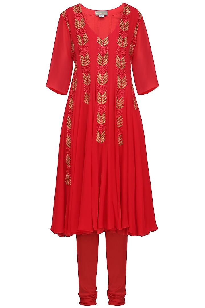 Rose Red Embroidered and Printed Anarkali Set by Chandni Sahi
