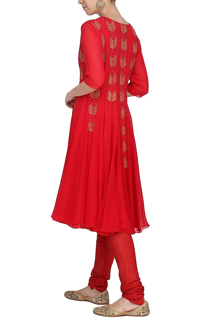 Rose red embroidered and printed anarkali set available only at Pernia's Pop Up Shop.