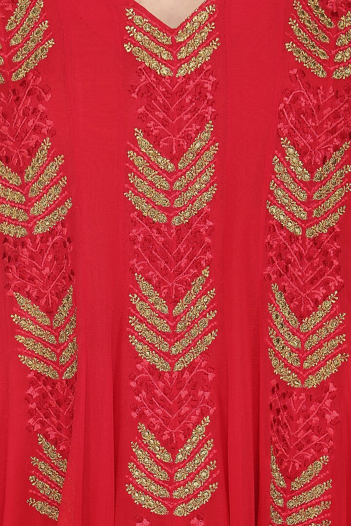 Rose red embroidered and printed anarkali set available only at Pernia's Pop Up Shop.
