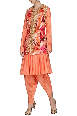 Burnt Peach Embroidered Kurta with Dhoti Pants and Printed Jacket by Chandni Sahi