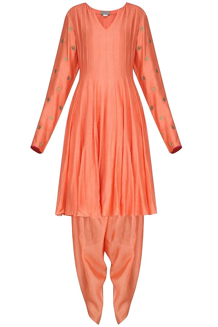 Burnt peach embroidered kurta with dhoti pants and printed jacket available only at Pernia's Pop Up Shop.