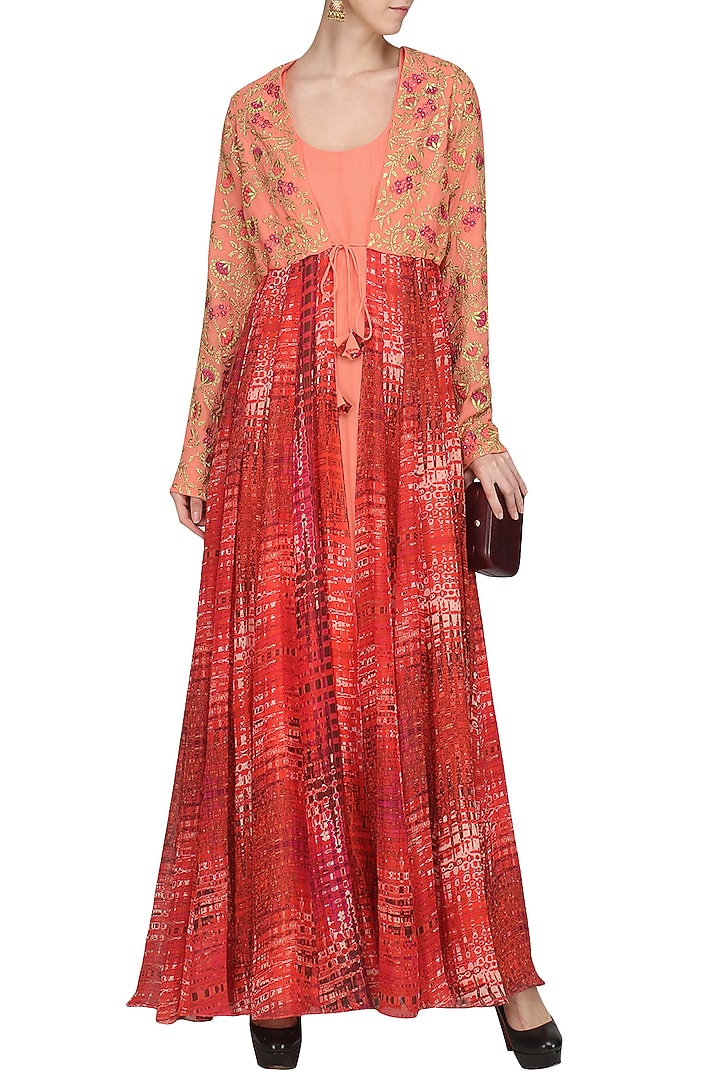 Burnt peach floor length kurta with embroidered and printed jacket available only at Pernia's Pop Up Shop.