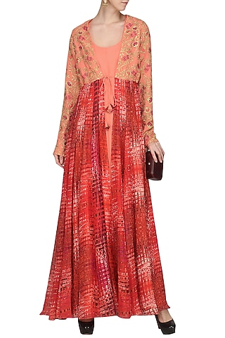 Burnt Peach Floor Length Kurta with Embroidered and Printed Jacket by Chandni Sahi