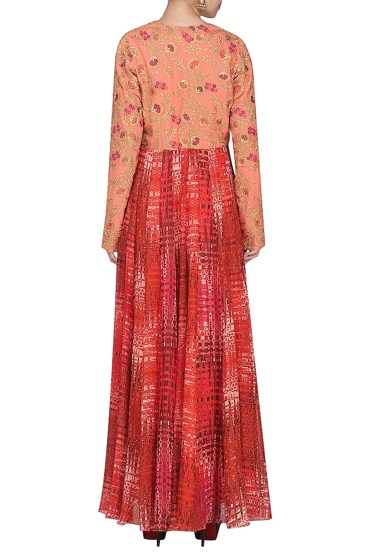 Burnt peach floor length kurta with embroidered and printed jacket available only at Pernia's Pop Up Shop.