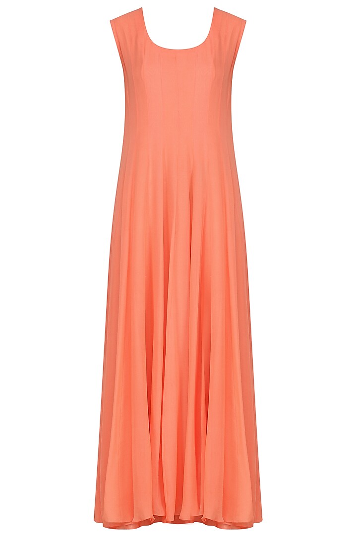 Burnt peach floor length kurta with embroidered and printed jacket available only at Pernia's Pop Up Shop.