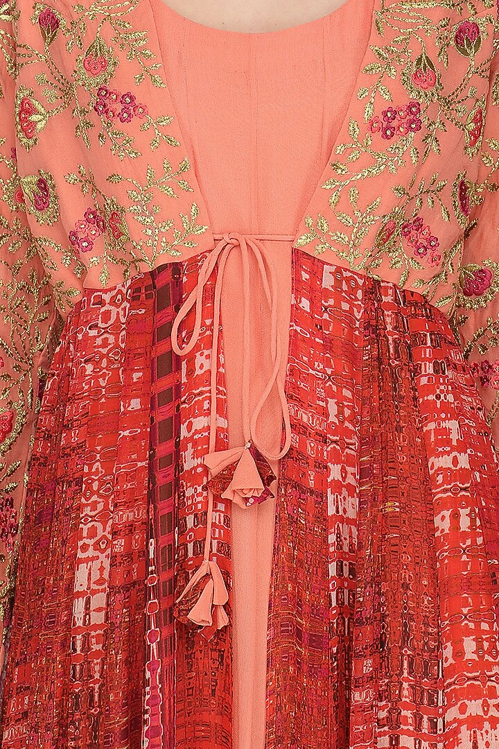 Burnt peach floor length kurta with embroidered and printed jacket available only at Pernia's Pop Up Shop.