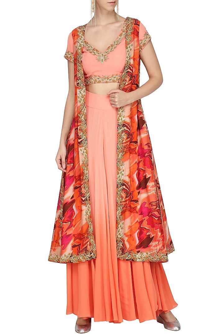 Burnt peach embroidered blouse and sharara pants with printed jacket available only at Pernia's Pop Up Shop.