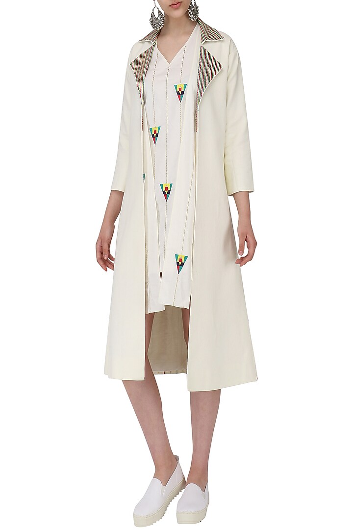 Off white shift dress with trench jacket available only at Pernia's Pop Up Shop.