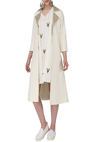 Off White Shift Dress with Trench Jacket by Chandni Sahi