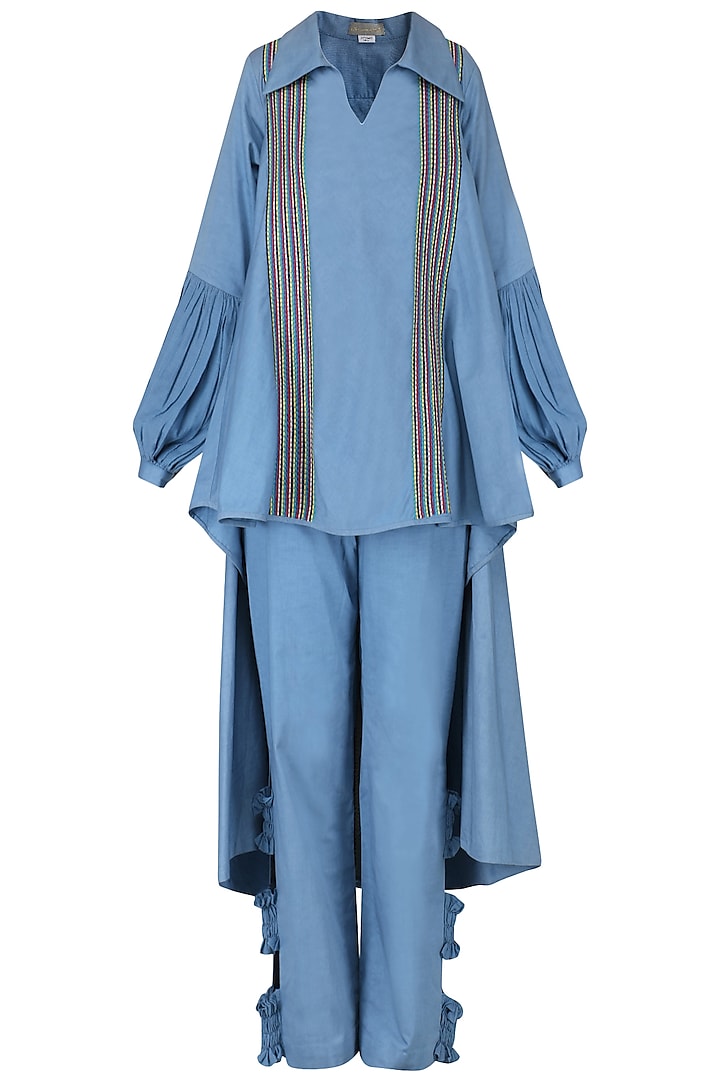 Powder Blue Embroidered Cape Shirt with Ruched Pants by Chandni Sahi