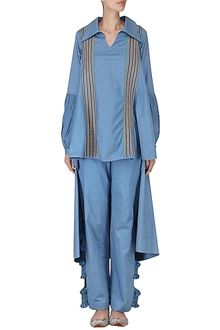 Powder Blue Embroidered Cape Shirt with Ruched Pants by Chandni Sahi