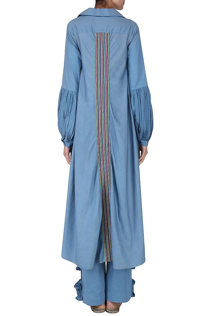 Powder Blue embroidered cape shirt with ruched pants available only at Pernia's Pop Up Shop.
