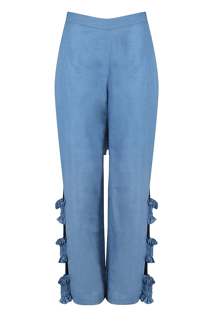 Powder Blue embroidered cape shirt with ruched pants available only at Pernia's Pop Up Shop.