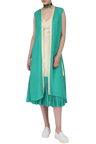 Sand Brown and Green Slip Dress with Overlay Jacket by Chandni Sahi