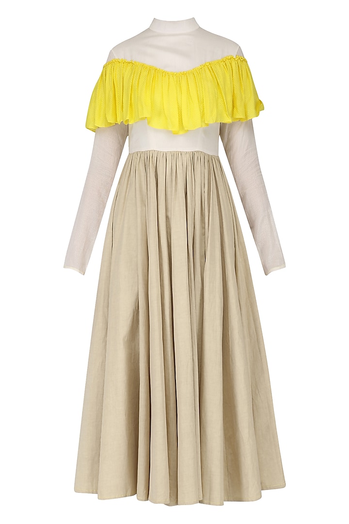 Sand Brown, Off White and Yellow Ruffled Midi Dress by Chandni Sahi