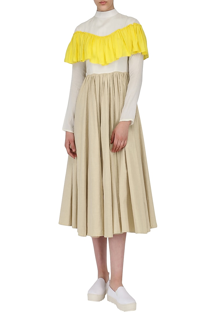 Sand brown, off white and yellow ruffled midi dress available only at Pernia's Pop Up Shop.