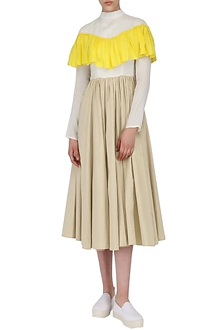 Sand Brown, Off White and Yellow Ruffled Midi Dress by Chandni Sahi