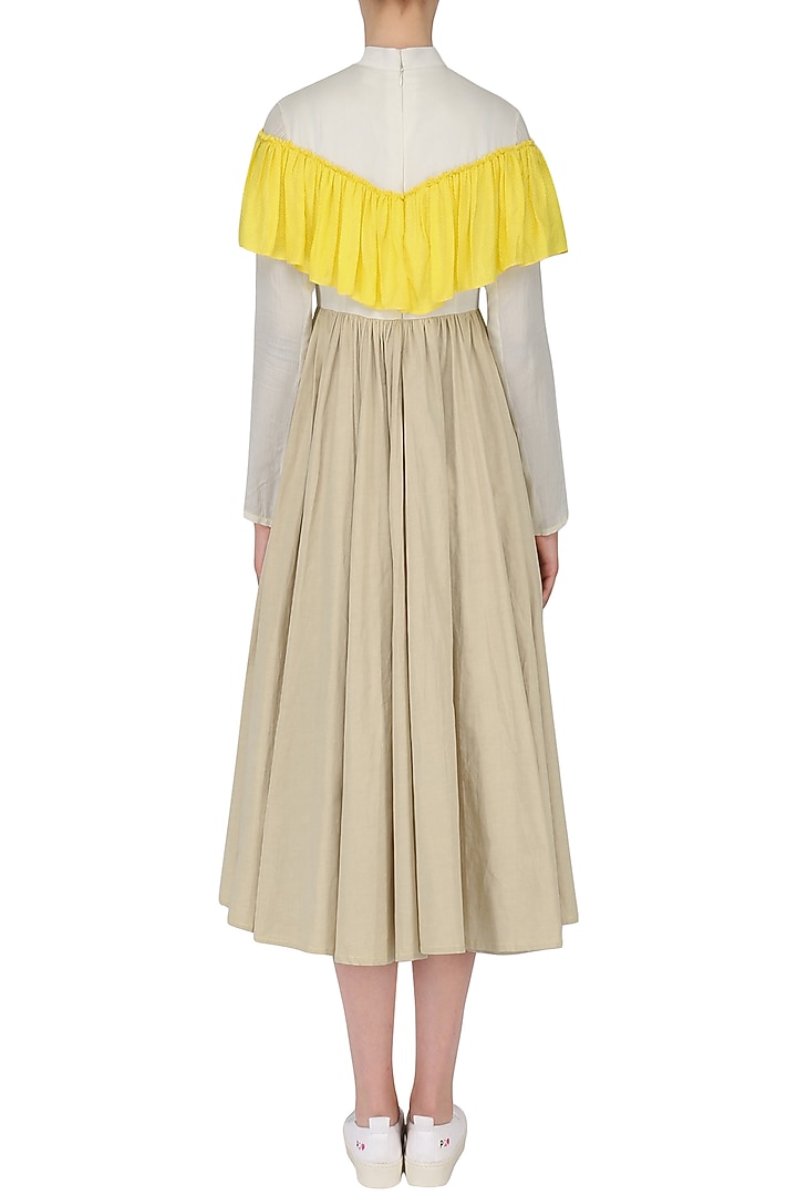 Sand brown, off white and yellow ruffled midi dress available only at Pernia's Pop Up Shop.
