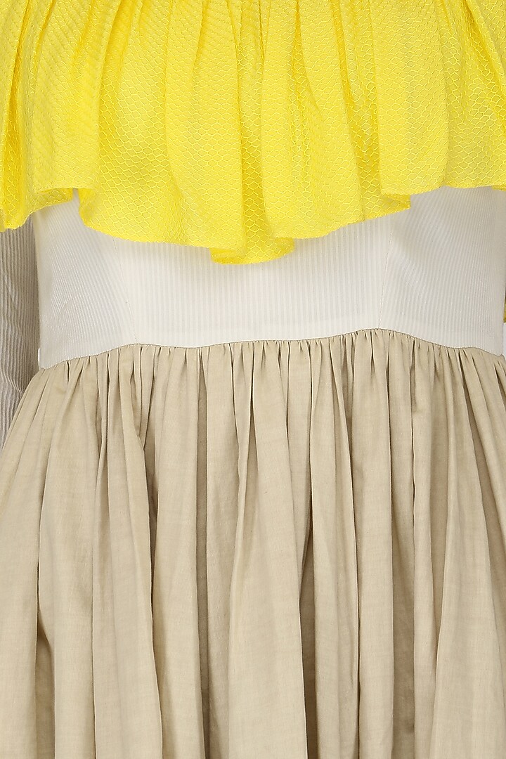 Sand brown, off white and yellow ruffled midi dress available only at Pernia's Pop Up Shop.