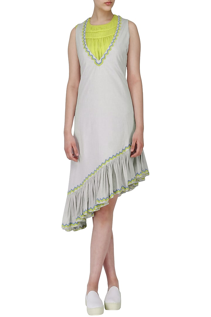Water grey asymmetric ruffled dress ith green ruched top available only at Pernia's Pop Up Shop.