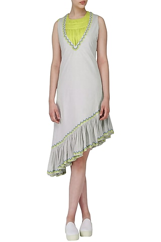 Water Grey Asymmetric Ruffled Dress with Green Ruched Top by Chandni Sahi