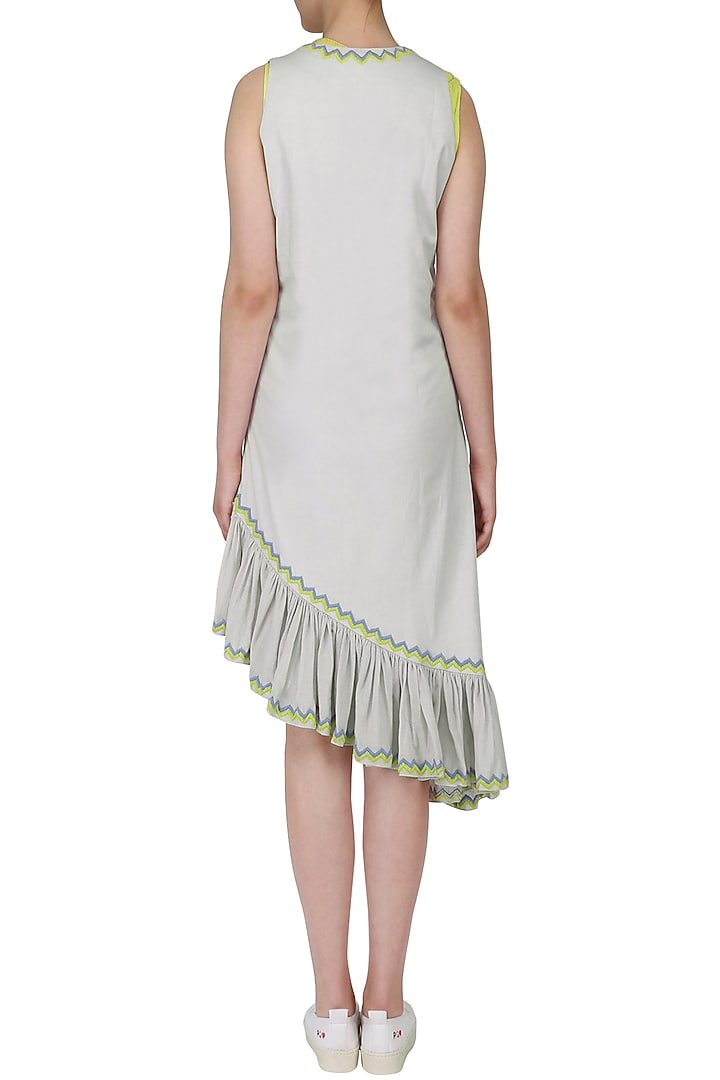 Water grey asymmetric ruffled dress ith green ruched top available only at Pernia's Pop Up Shop.