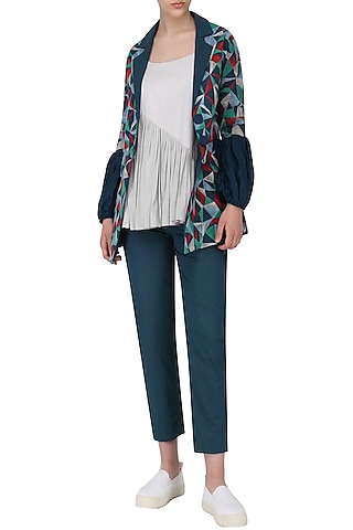 Blue Multicolor Embroidered Jacket with Pants and Inner Top by Chandni Sahi