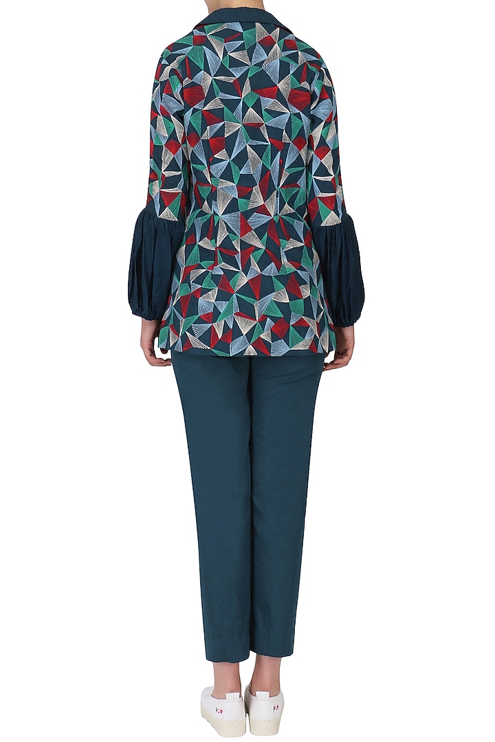 Blue multicolor embroidered jacket with pants and inner top available only at Pernia's Pop Up Shop.