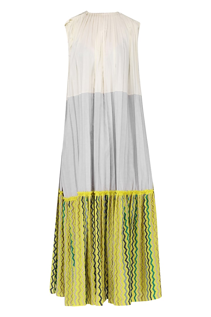 Off White, Grey and Yellow Color Blocked Pleated Dress by Chandni Sahi