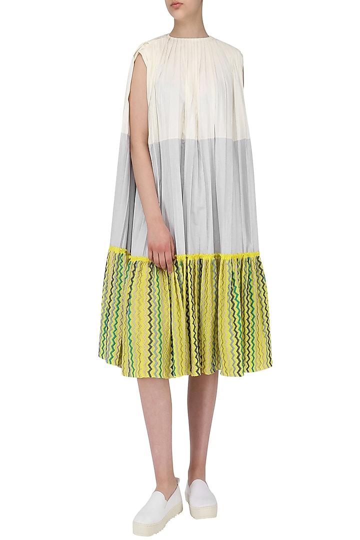Off white, grey and yellow color blocked pleated dress available only at Pernia's Pop Up Shop.