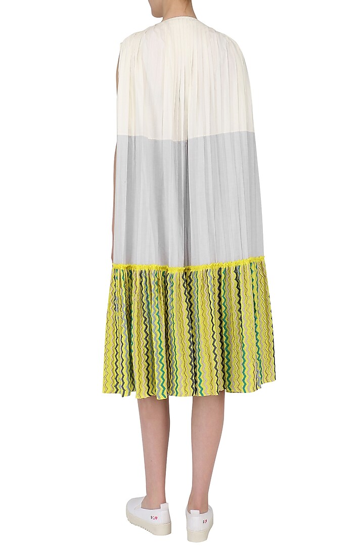 Off white, grey and yellow color blocked pleated dress available only at Pernia's Pop Up Shop.