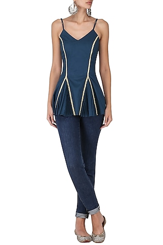 Navy Blue Embroidered Flared Top by Chandni Sahi