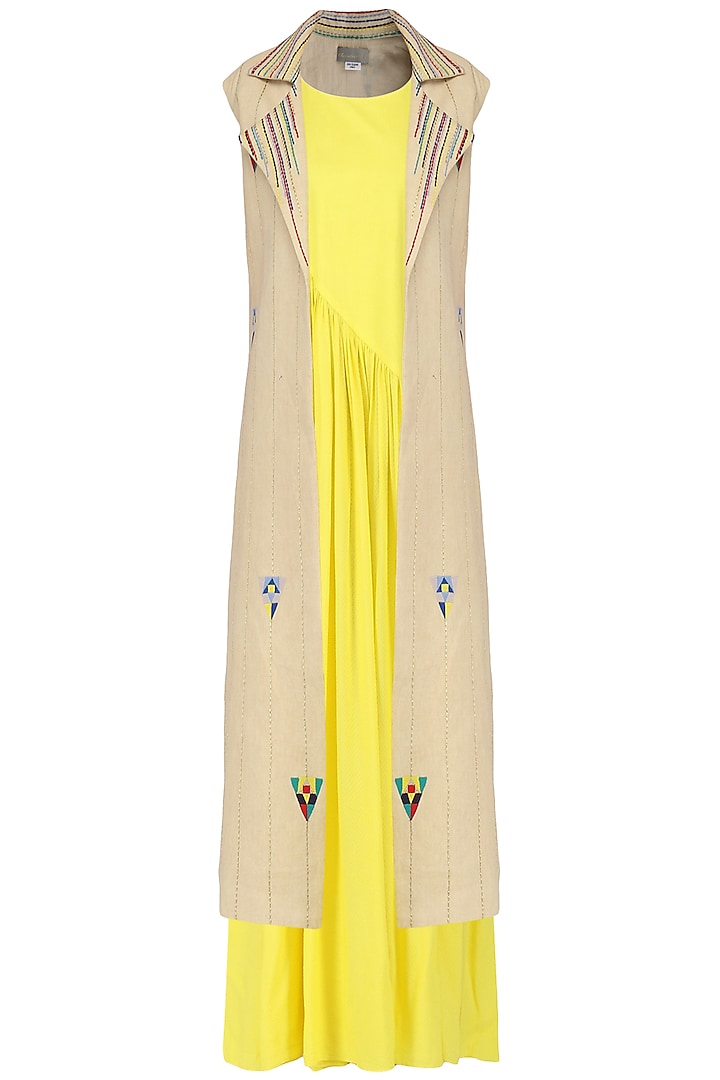 Yellow Pleated Maxi with Beige Embroidered Jacket by Chandni Sahi