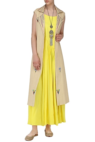 Yellow Pleated Maxi with Beige Embroidered Jacket by Chandni Sahi