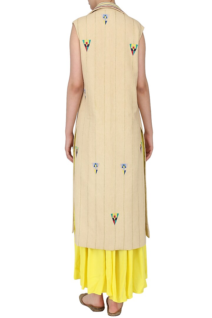 Yellow pleated maxi with beige embroidered jacket available only at Pernia's Pop Up Shop.