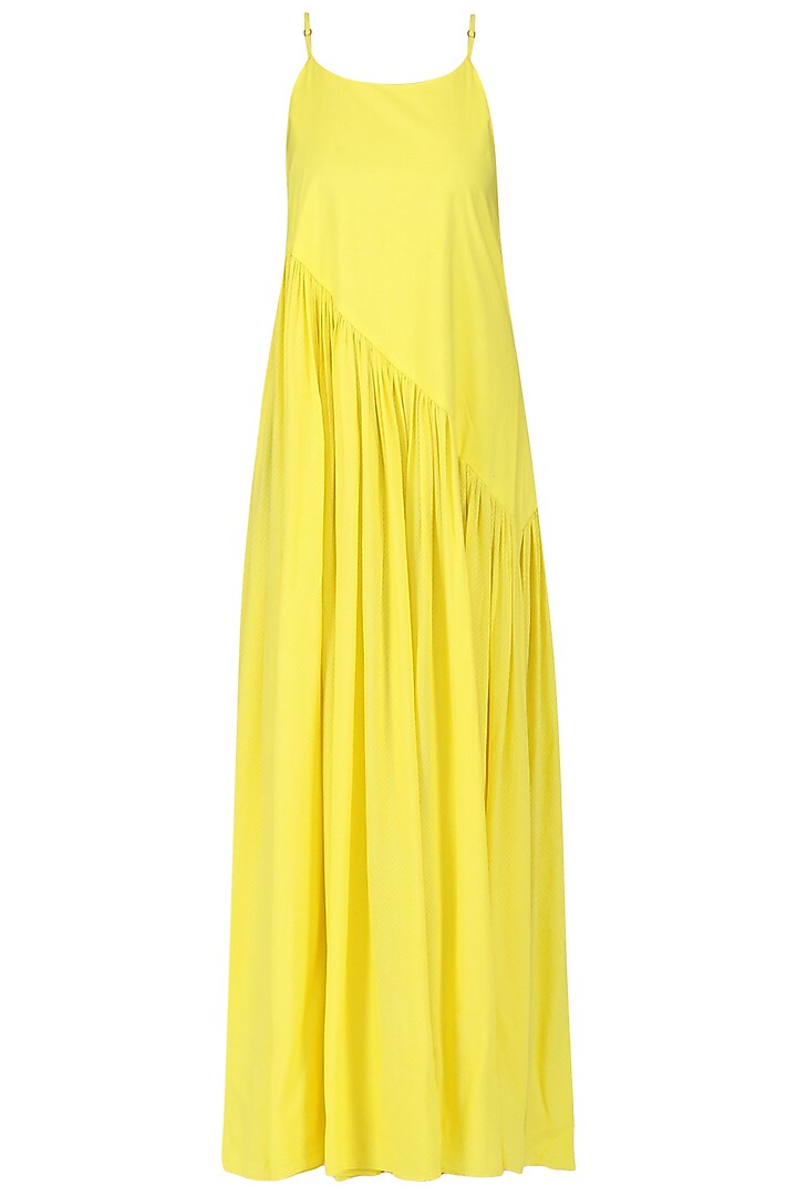 Yellow pleated maxi with beige embroidered jacket available only at Pernia's Pop Up Shop.