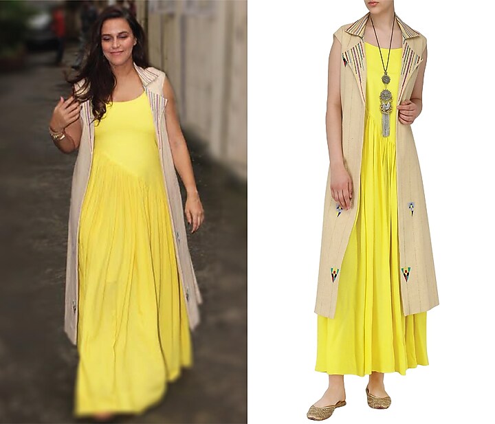 Yellow pleated maxi with beige embroidered jacket available only at Pernia's Pop Up Shop.