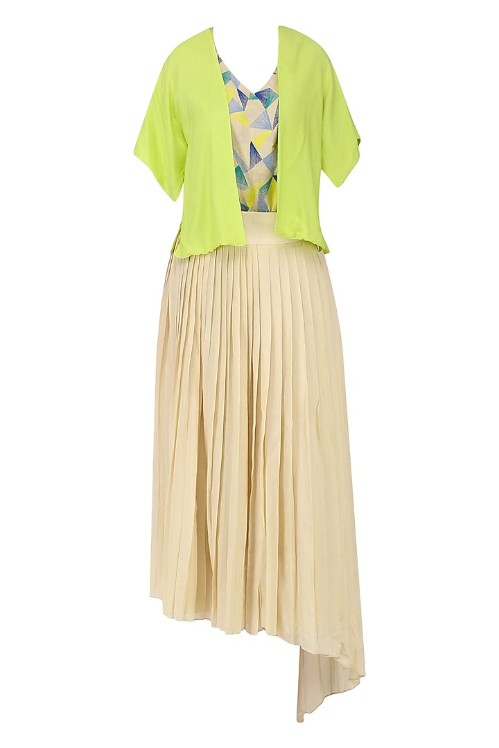 Sand brown pleated skirt with embroidered top and overlay jacket available only at Pernia's Pop Up Shop.