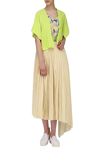 Sand Brown Pleated Skirt with Embroidered Top and Overlay Jacket by Chandni Sahi