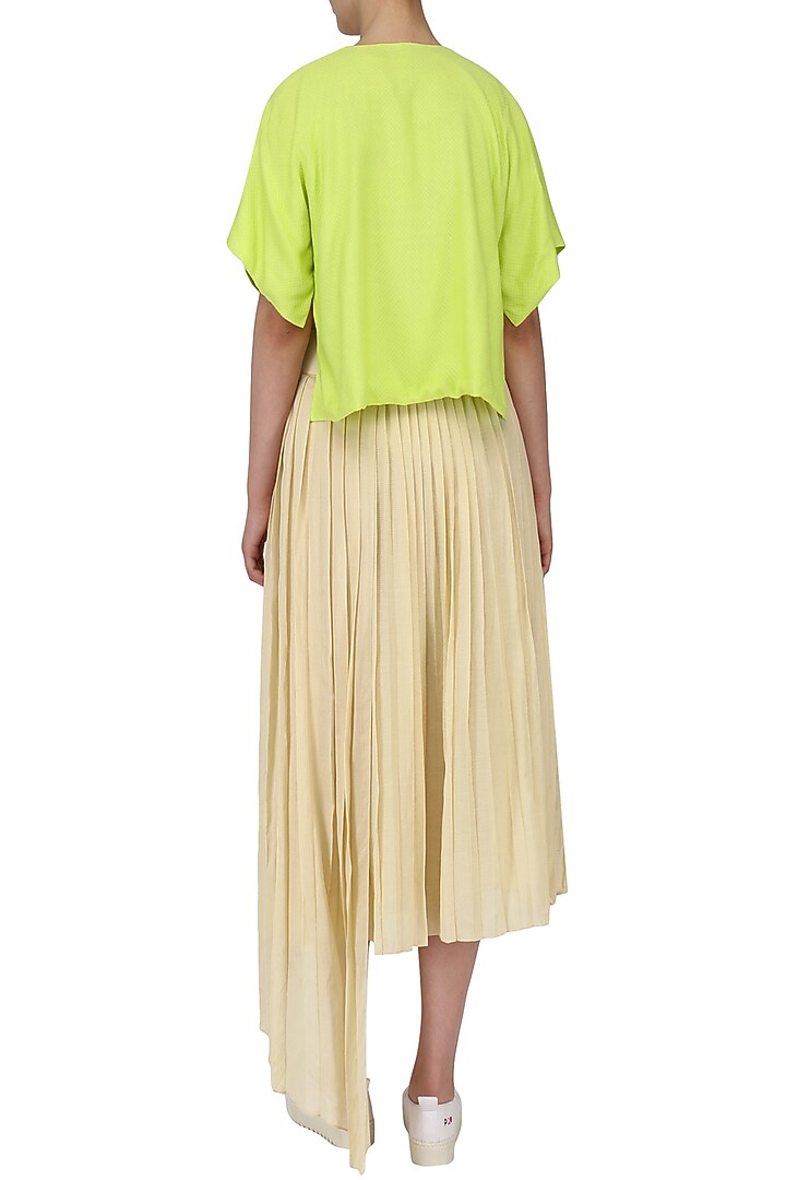 Sand brown pleated skirt with embroidered top and overlay jacket available only at Pernia's Pop Up Shop.