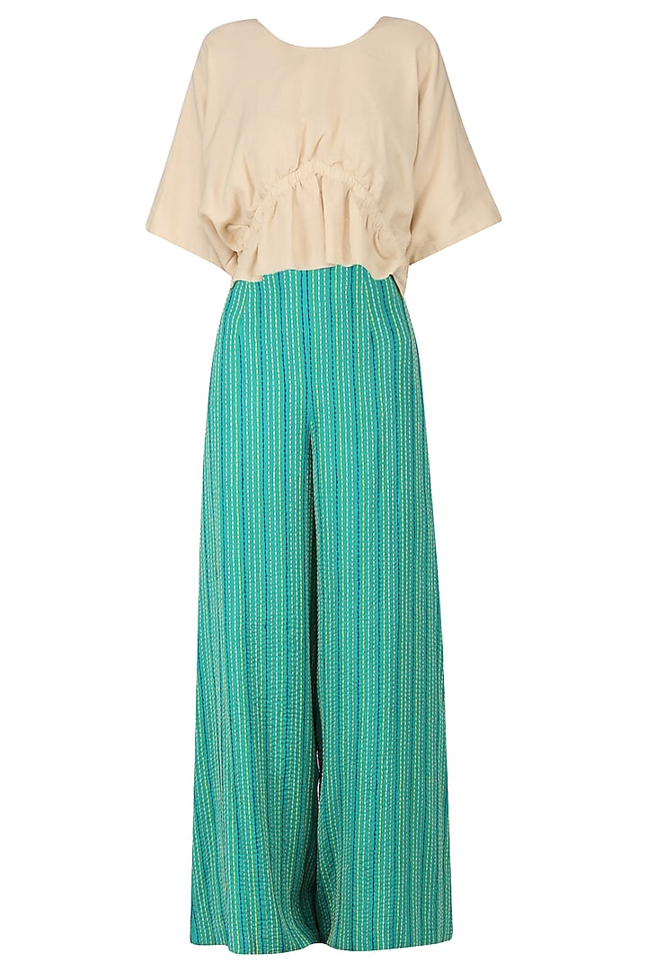 Sand brown ruched top with embroidered palazzo pants available only at Pernia's Pop Up Shop.