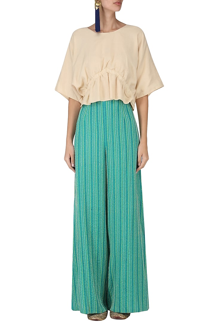Sand brown ruched top with embroidered palazzo pants available only at Pernia's Pop Up Shop.