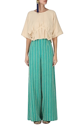 Sand Brown Ruched Top with Embroidered Palazzo Pants by Chandni Sahi