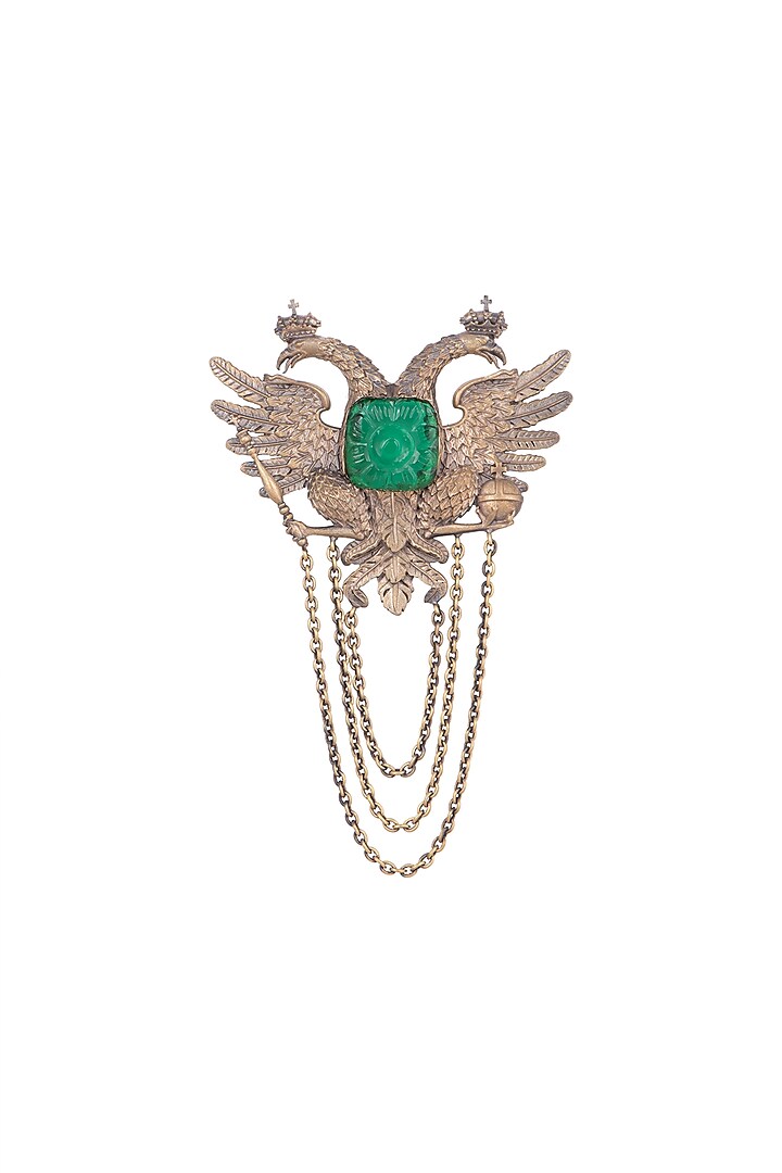 Antique Gold Finish Emerald Glass Stone Brooch by Cosa Nostraa
