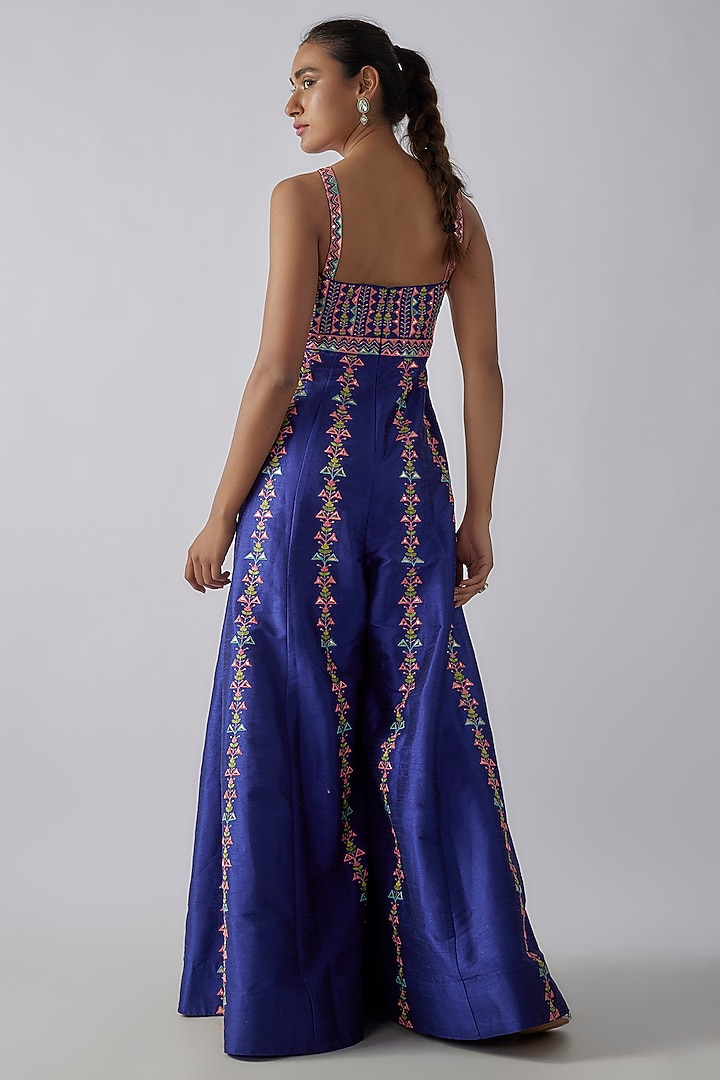 Blue Dupion Silk Resham Embroidered Jumpsuit by Chamee and Palak at Pernia's Pop Up Shop